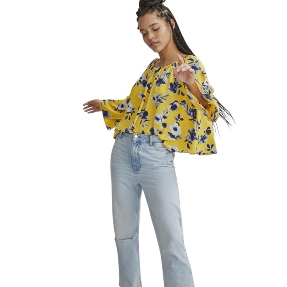 Elizabeth & James Floral Off Shoulder Blouse M Yellow Blue Bell Sleeve Boho Top - Picture 15 of 15